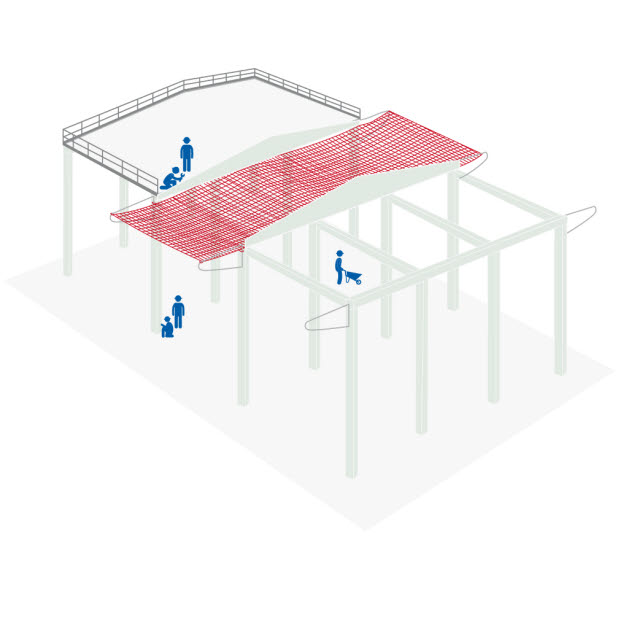 Illustration av en byggkonstruktione med falskyddsnät.