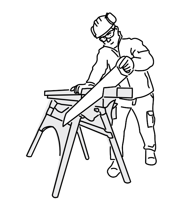 En person som sågar i lämplig arbetshöjd